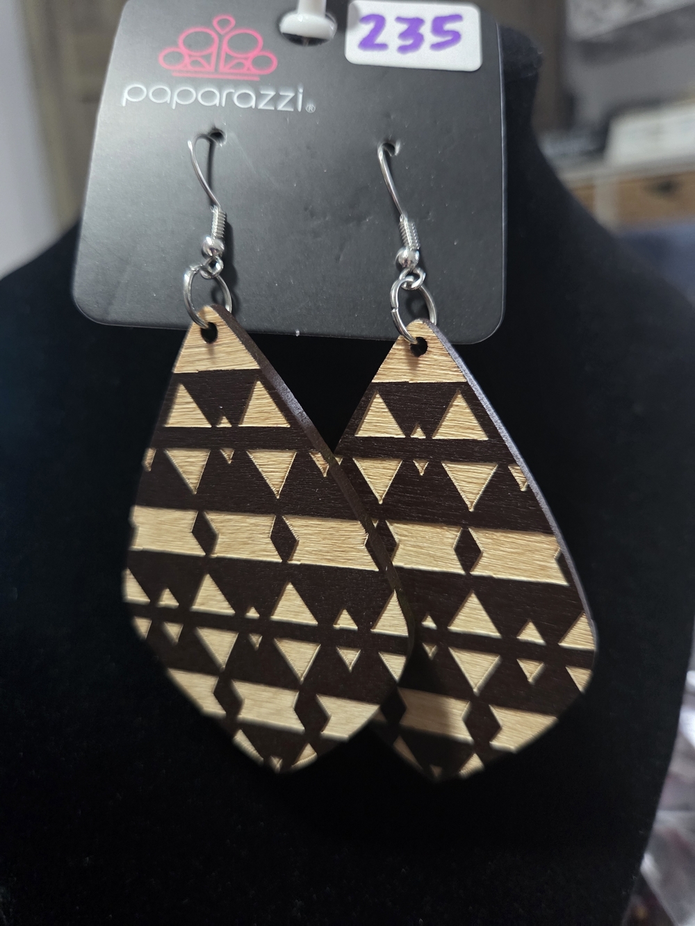 236# Paparazzi Brown and Natural Teardrop Tribal Wood Earrings